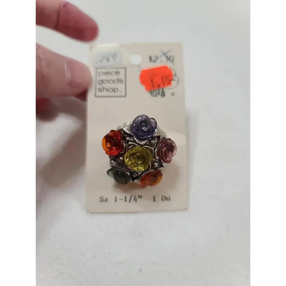 VTG Piece Goods Shop Button Colorful Roses‎ Shank Back 1-1/4